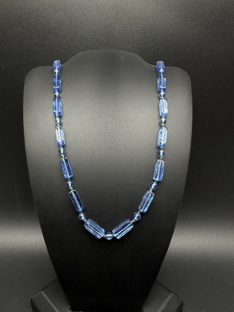 Vintage Extra Long Blue Art Glass Beads 60”Strand Handmade Women Necklace