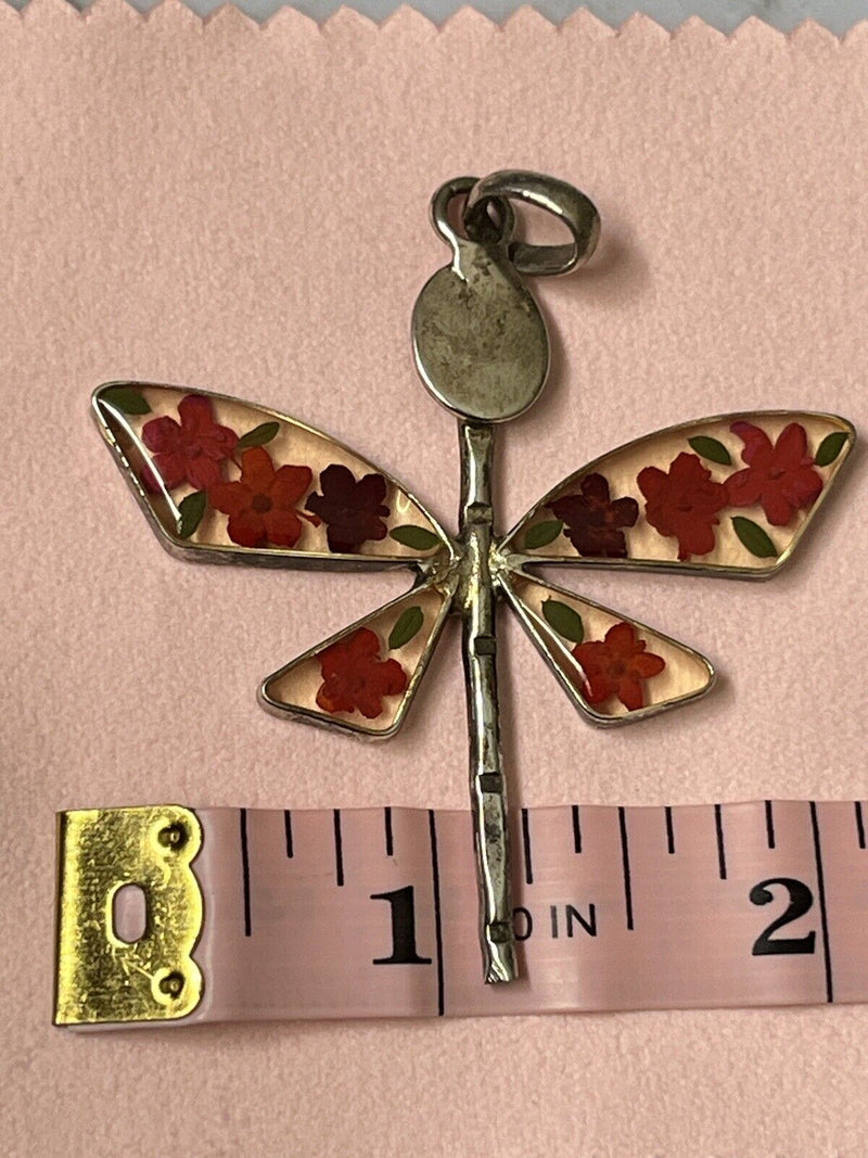 925 Sterling Silver Floral Flower Inlay Dragonfly Pendant 2.25”