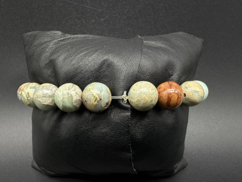 Stretch Jasper? Natural Stone Bead Bracelet 925 Sterling Silver Heart Charm 7”