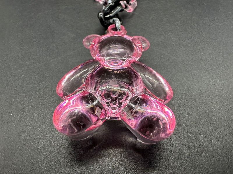 Acrylic Cable Link Chain Crystal Bear Pendant Necklace   18” Long Black & Pink