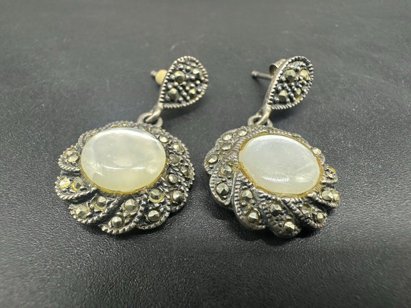 Vintage Sterling Silver Mother of Pearl Marcasite Dangle Earrings