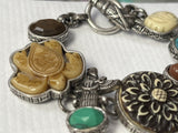 Vintage Carved Stone Link Bracelet w/Buddha Flower, Scarab, Turtle, Kachina 7”