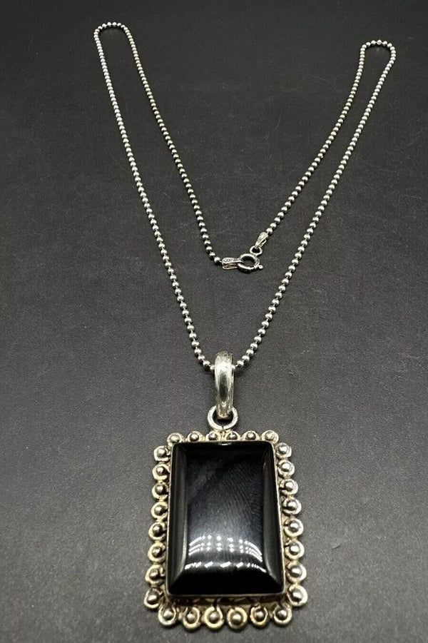 Vintage Sterling Silver Marked Mexico Onyx Pendant Necklace 24”