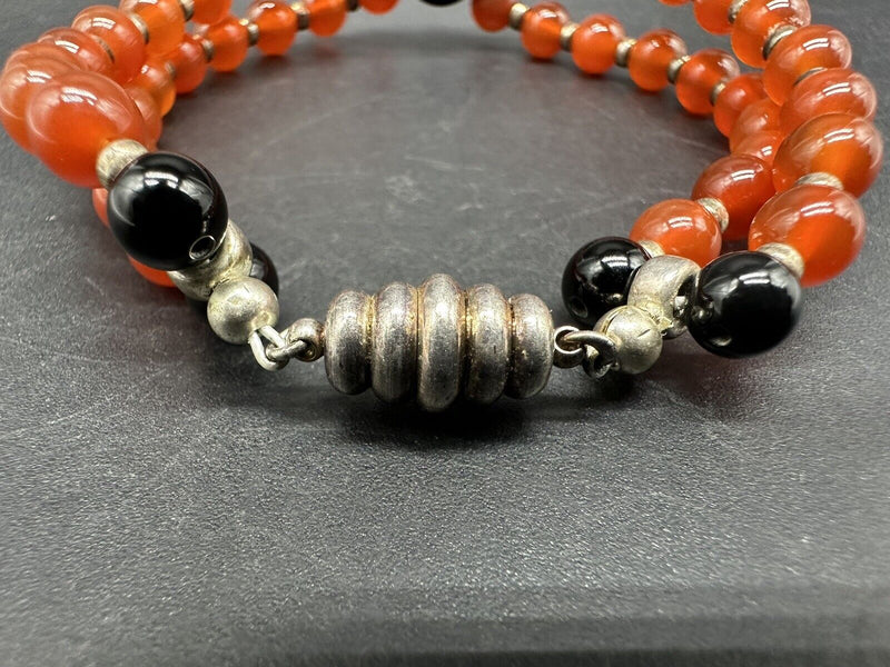 Vintage Carnelian Sterling Silver Magnet Clasp Bead Bracelet 7”