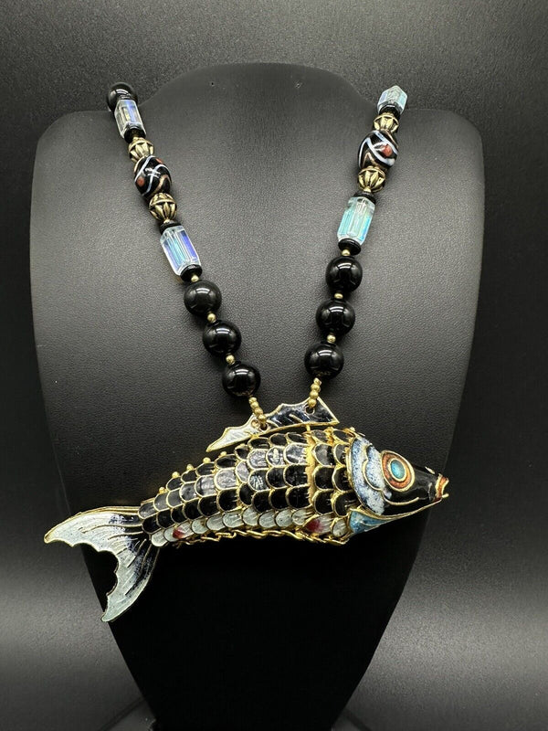 Unique Cloisonné  Enamel Fish Stone Necklace Artisan 18”