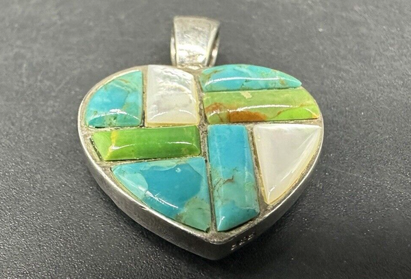 Sterling Silver 925 Multi Gemstone Stone Reversible Heart Pendant Turquoise 1"