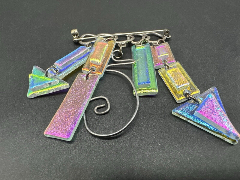 Vintage Sterling Silver Geometric Shapes on Bar Dichroic Handmade Brooch