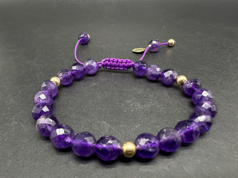 CID 10K Yellow Gold Bead Purple Amethyst Gemstone Bracelet Adjustable 6.75”