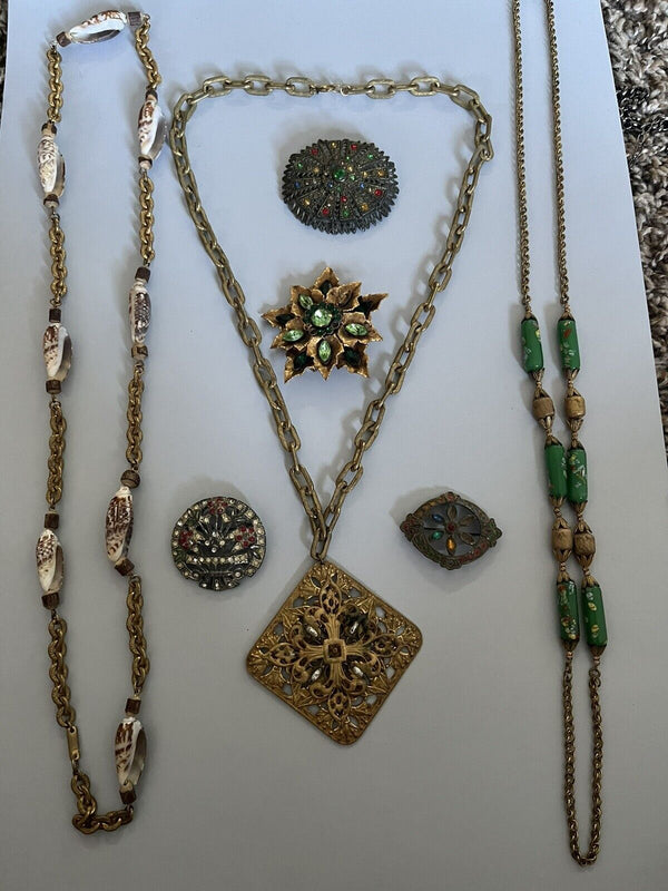 vintage jewelry lot Signed Miriam Haskell Necklace & Unsigned Brooches Mixed Lot