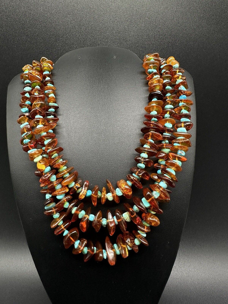 Sterling Silver 3Strnd Amber & Turquoise Necklace 20”