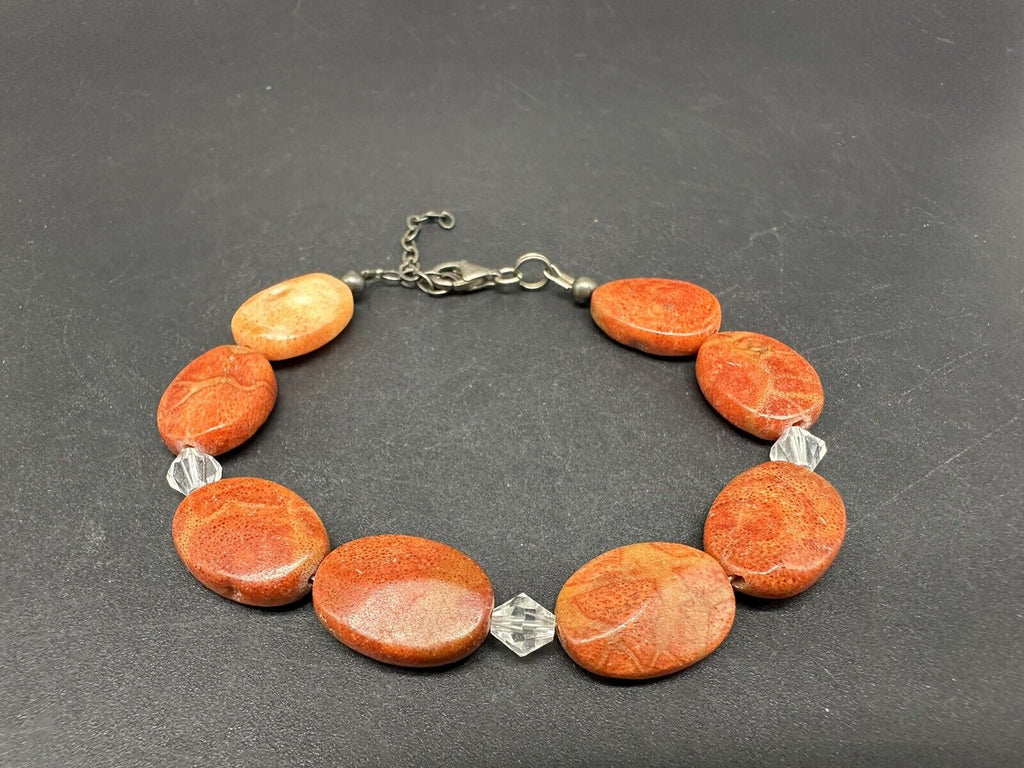Orange Sponge Coral Sterling Silver Beaded Bracelet With Extender 15Gs