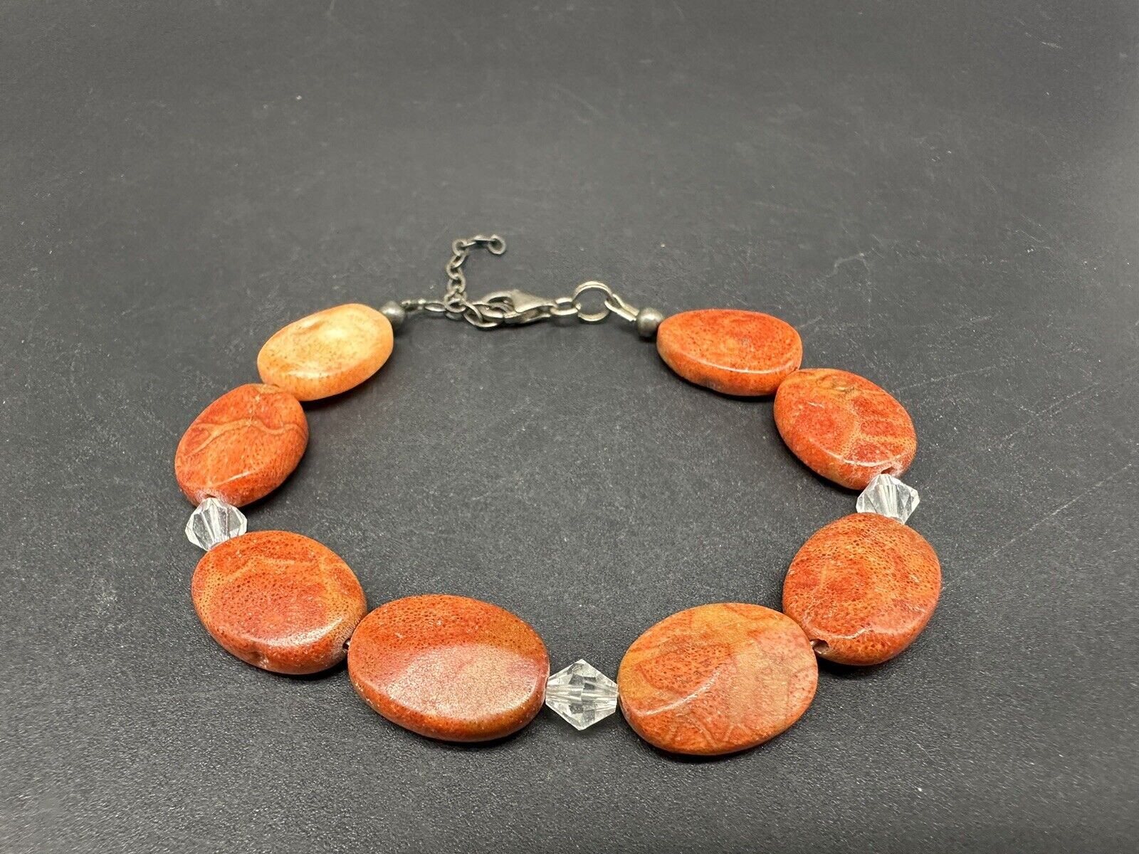 Orange Sponge Coral Sterling Silver Beaded Bracelet With Extender 15Gs