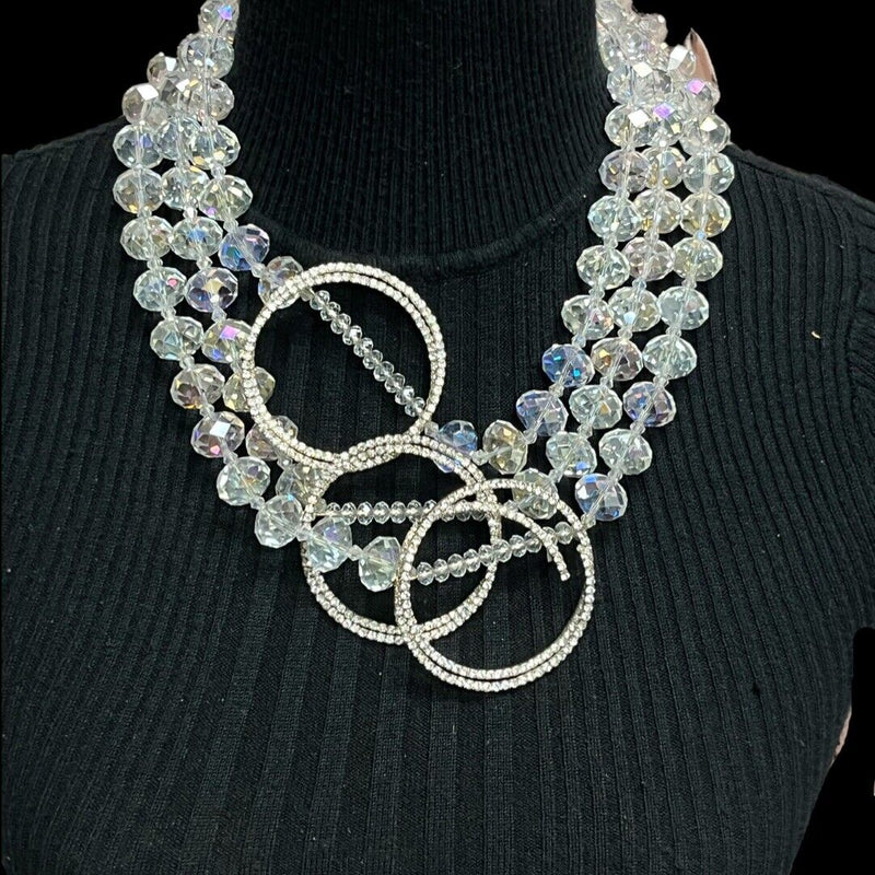 VTG Crystal Necklace Clear Aurora Borealis Statement Rhinestone Multi Strand 20"