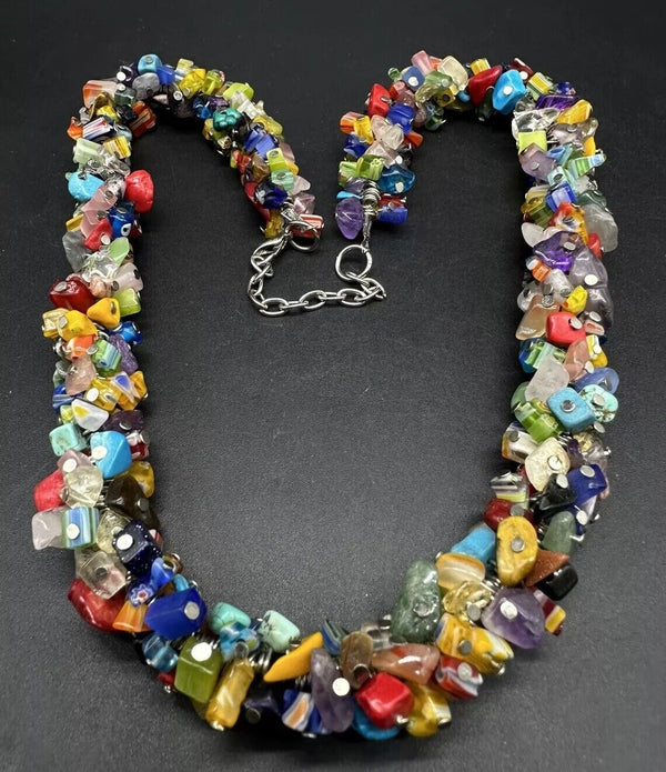 Beaded Multicolored Artsy Cluster Necklace 22” Adj