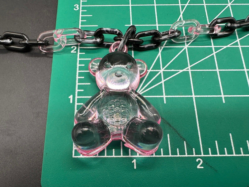 Acrylic Cable Link Chain Crystal Bear Pendant Necklace   18” Long Black & Pink