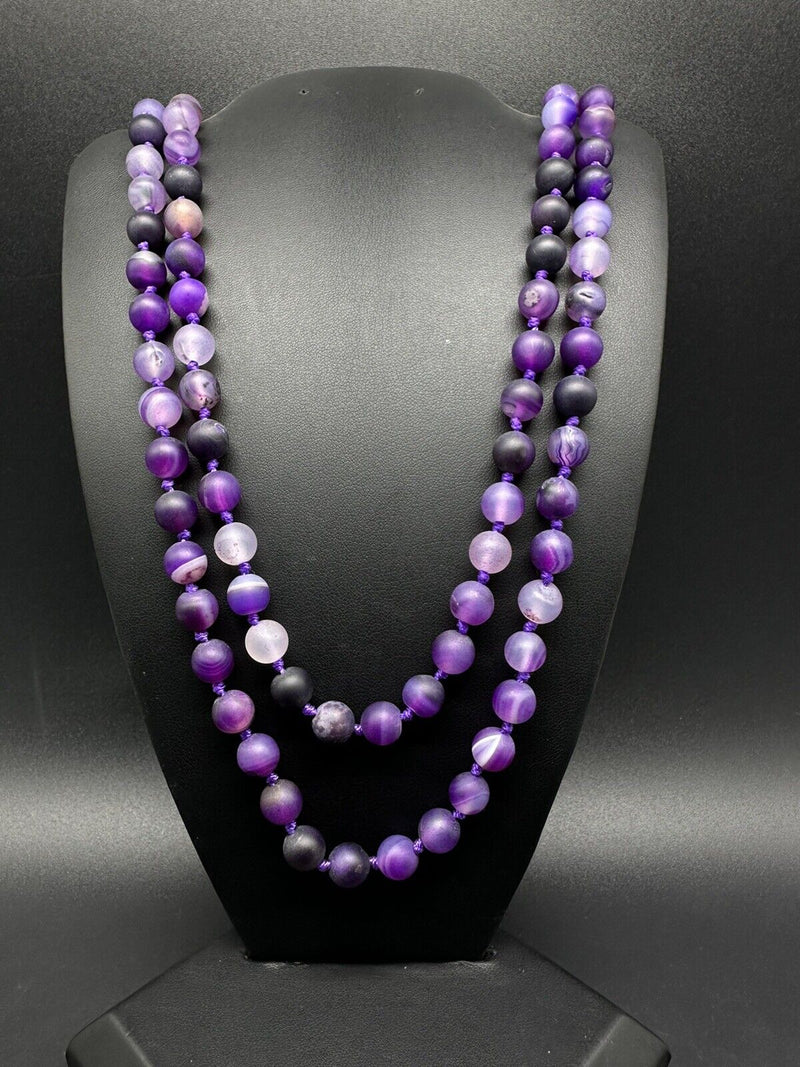 Vintage Purple Agate Knotted Bead Strand Necklace 60” Long