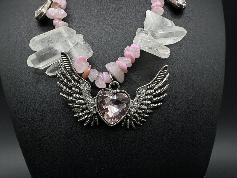 Pink Heart & Wings Crystal Bead Choker Necklace 15”