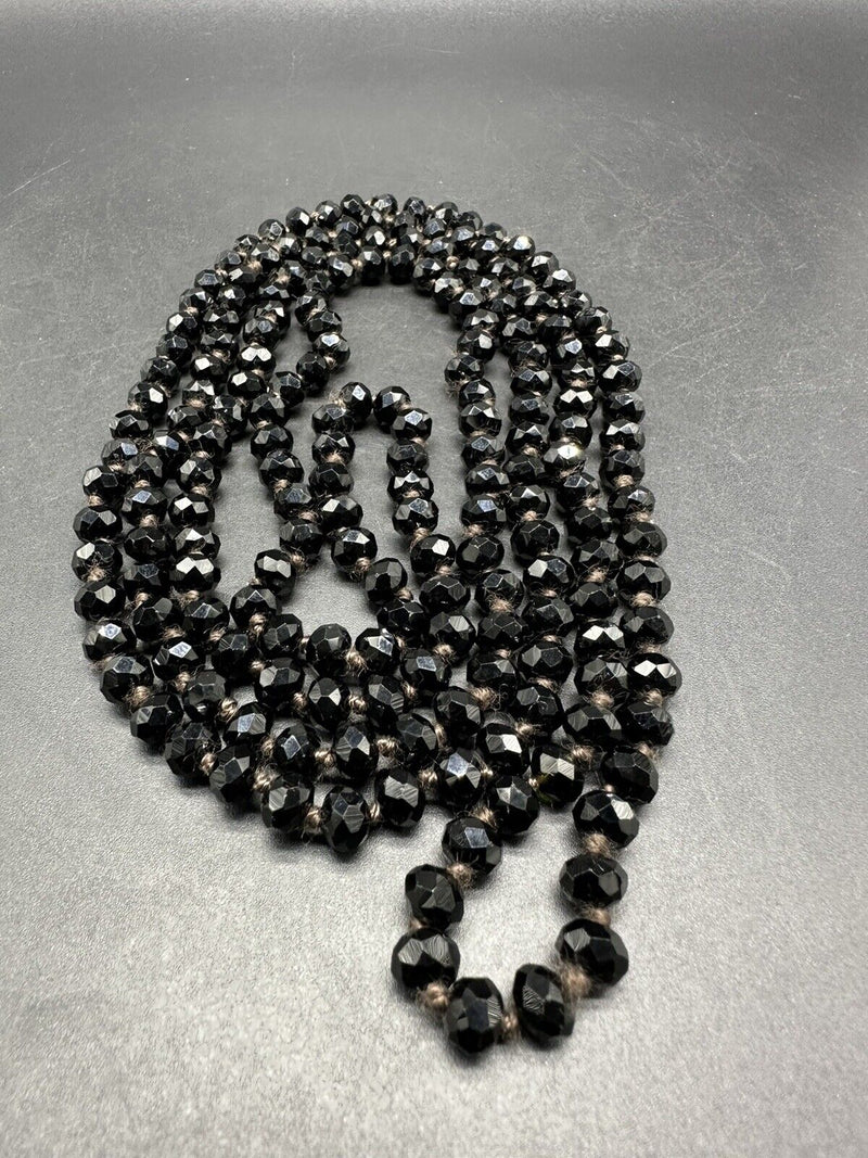 Black Jet Faceted Crystal Long Beaded Strand Statement Necklace 60”