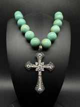 Chunky Faux Turquoise Beaded Cross Necklace 18”