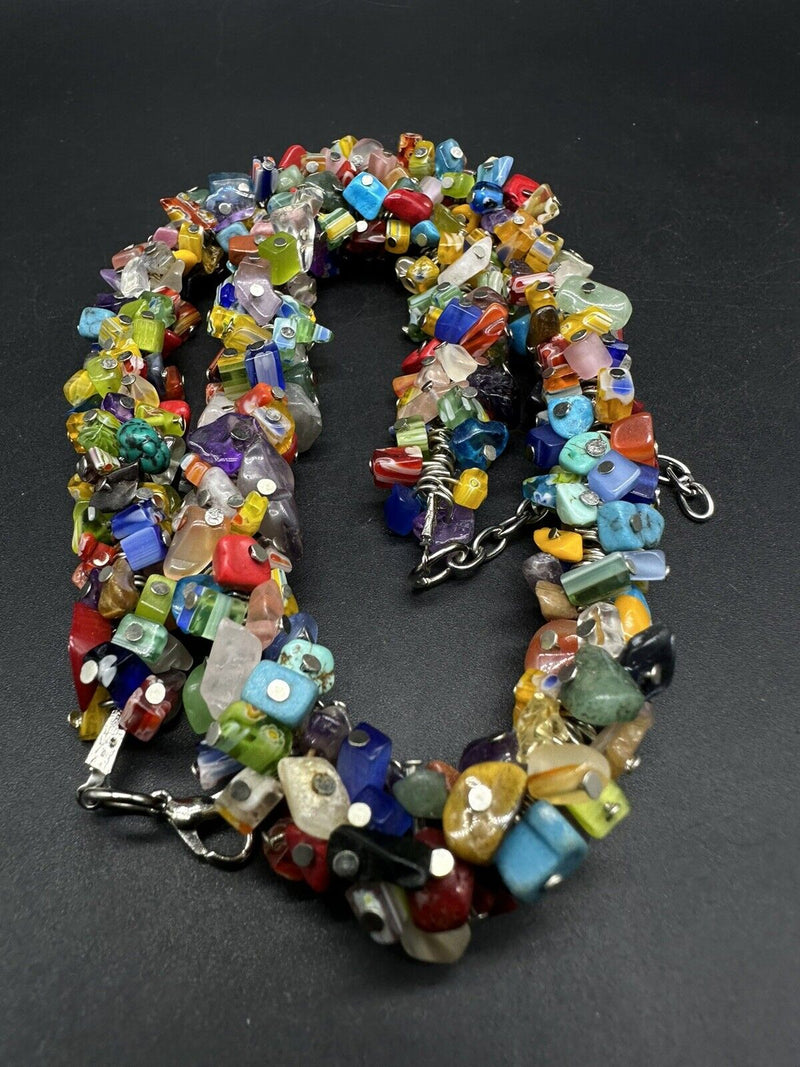 Beaded Multicolored Artsy Cluster Necklace 22” Adj