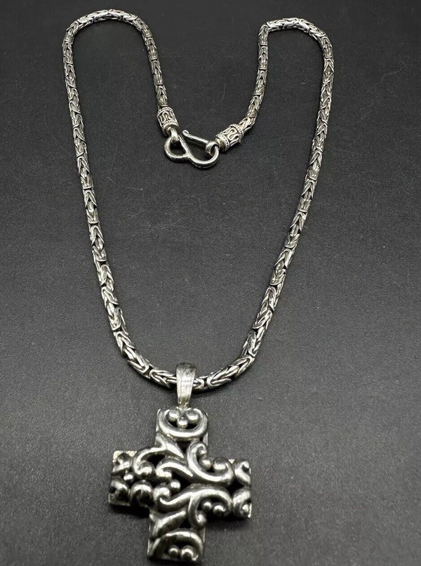 Byzantine STERLING SILVER 925 THAILAND CROSS SCROLL PENDANT NECKLACE 18”~34g