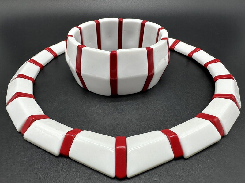 Vintage Lucite White and Red Necklace 19”  & Bracelet 8” Set