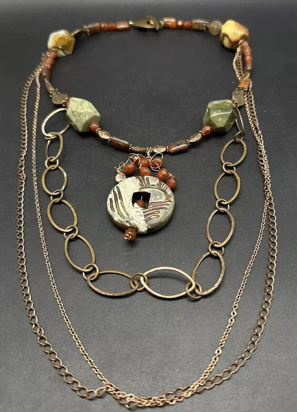 Vintage Multi Strand Bead Necklace Round Pendant