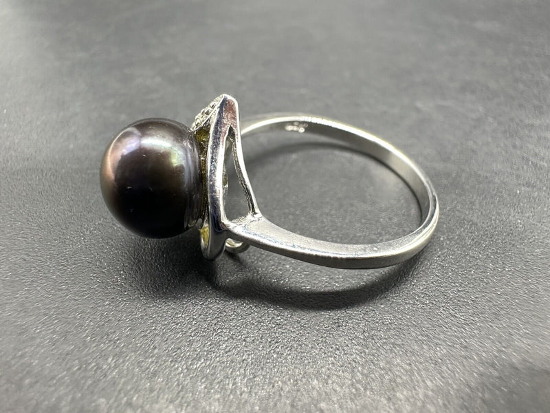 925 Sterling Silver Tahitian Pearl Heart Statement Ring Sz 9