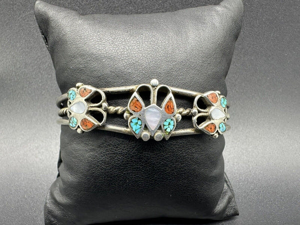 Vintage Southwestern Sterling Silver Turquoise & Coral Cuff Bracelet 23 Grams~7”