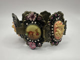 Antique Victorian Porcelain Rhinestone Floral Link Panel Bracelet 7.5”~Highend~