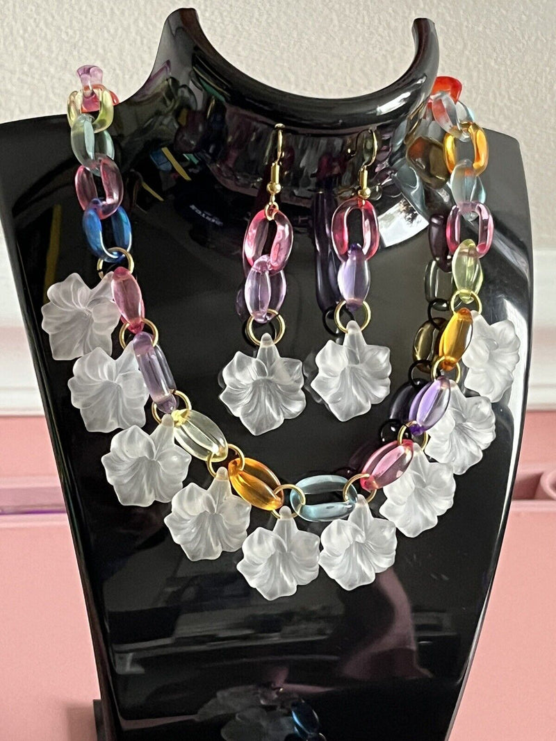 Fun Acrylic Statement Necklace Bracelet & Earrings Handmade Jewelry Set 15”