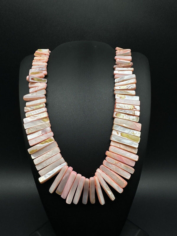 Vintage statement necklace pink mother of pearl rectangle bar drop bib 20”