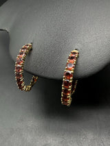 Round Cut Lab Created Garnet Hoop Earrings Sterling Silver Yellow Gold Plated