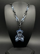 Acrylic Cable Link Chain Crystal Bear Pendant Necklace 17” Long Black & Blue