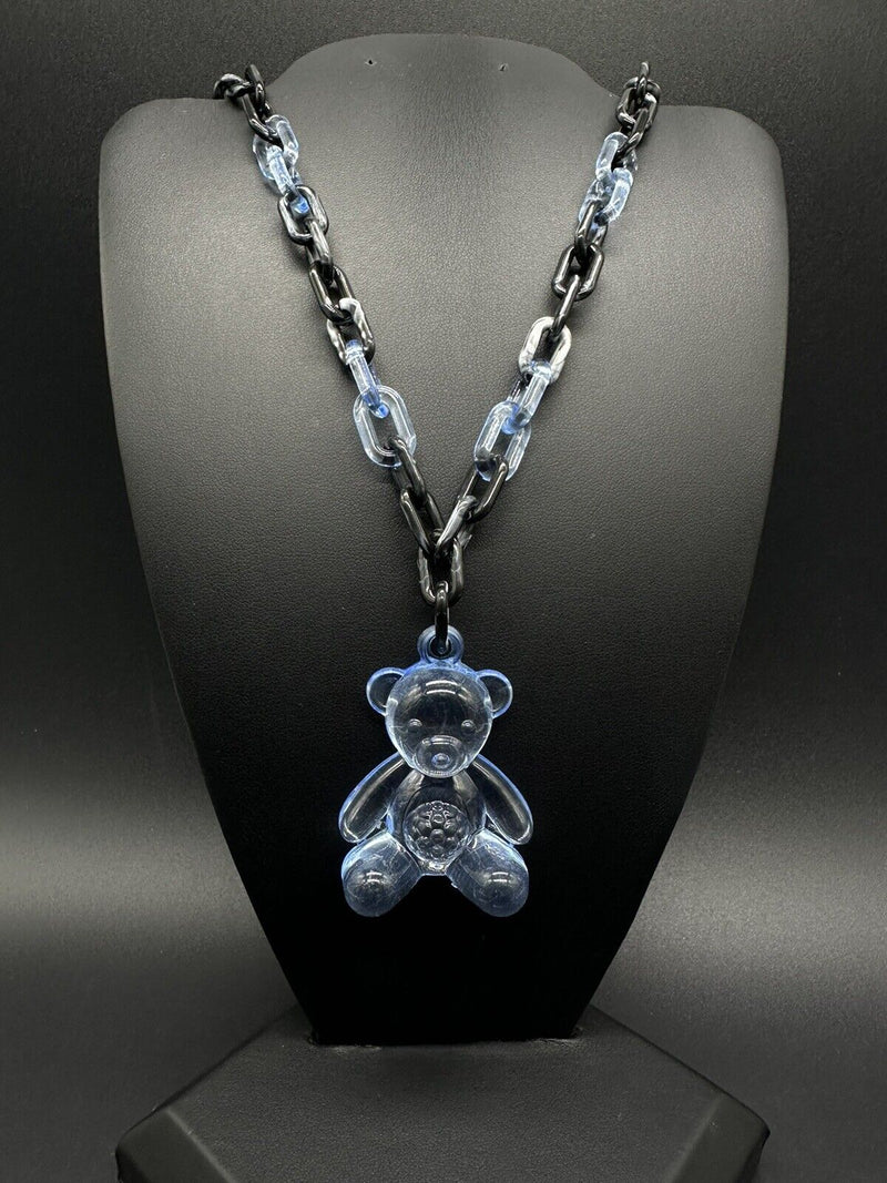 Acrylic Cable Link Chain Crystal Bear Pendant Necklace 17” Long Black & Blue