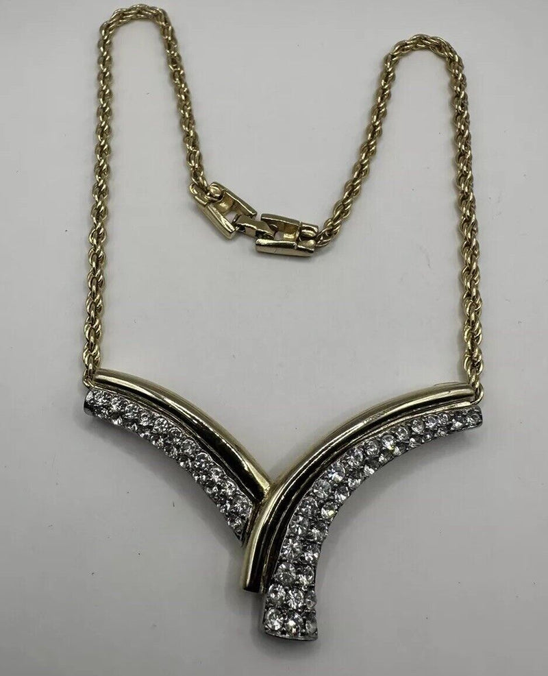 Vintage Gold Tone Chain V Shape Rhinestone Necklace 17”