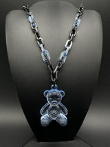 Acrylic Cable Link Chain Crystal Bear Pendant Necklace 17” Long Black & Blue