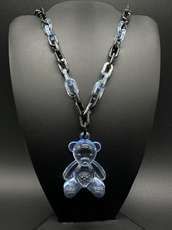 Acrylic Cable Link Chain Crystal Bear Pendant Necklace 17” Long Black & Blue