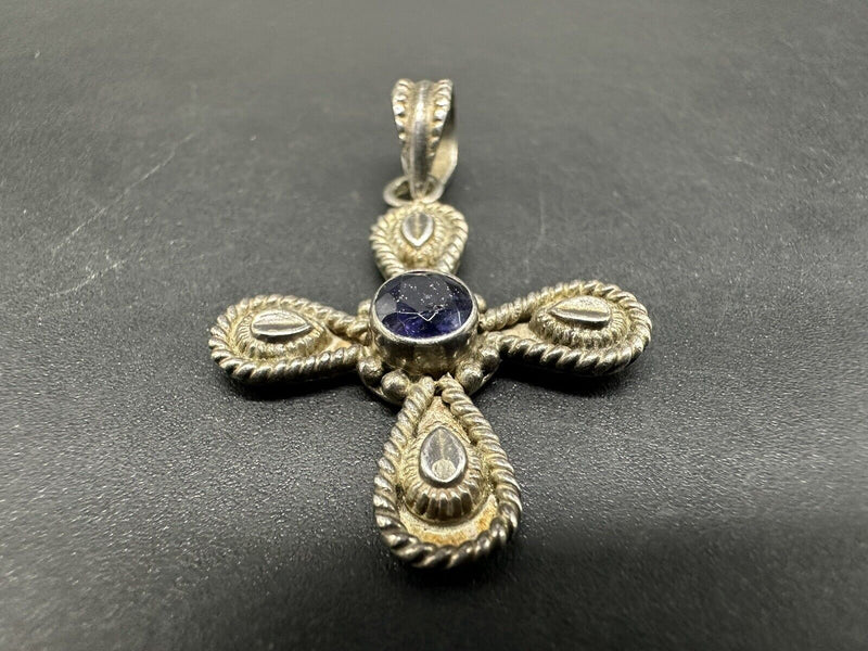 Vintage Sterling Silver 1.5” Cross Pendant Amethyst Stone 6Gs