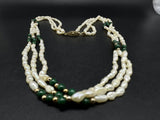 Vintage Estate 24” 3 Strand Rice Pearls Malachite Bead Necklace