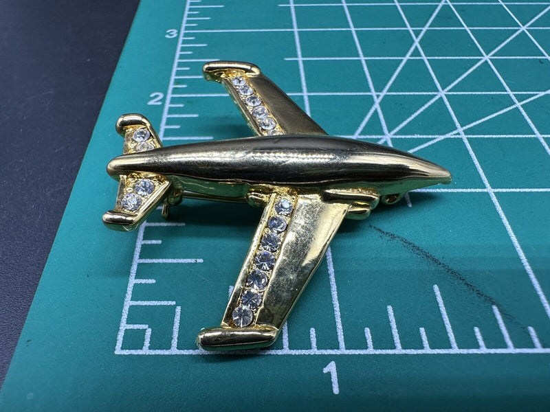 Kirks Folly Airplane Brooch Gold Tone Rhinestone