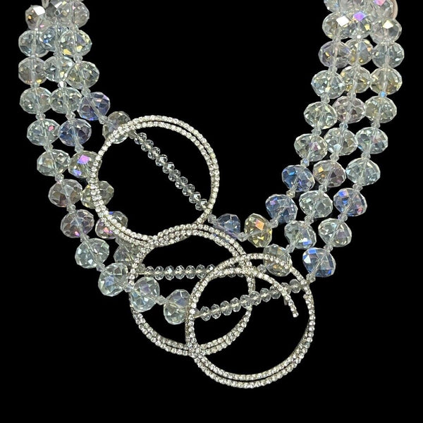 VTG Crystal Necklace Clear Aurora Borealis Statement Rhinestone Multi Strand 20"