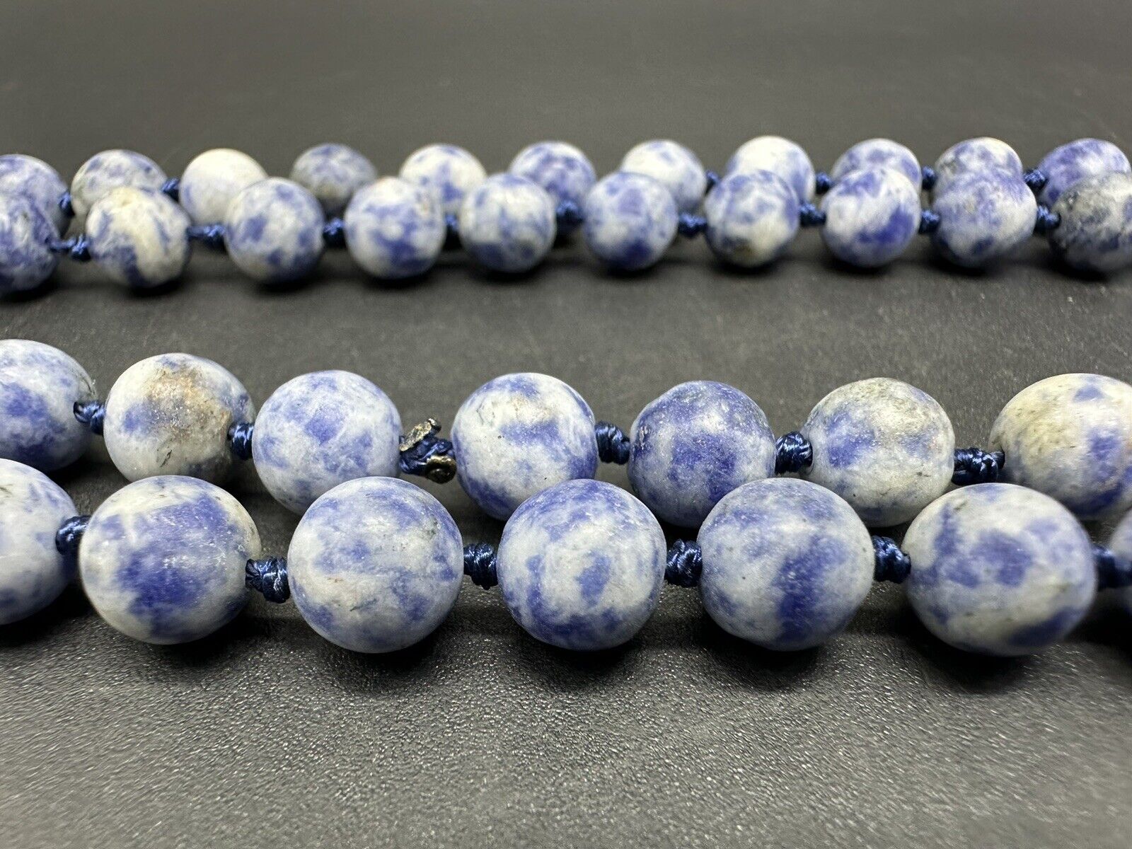 Natural 9mm Blue Spot Jasper Round Gemstone Knotted Beads Necklace 60”