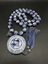 Chinese Shou Bead Vintage Necklace Handpainted Knotted Blue White 28”