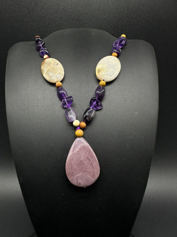 Amethyst Statement Gemstone Pendant Beaded Necklace 18”