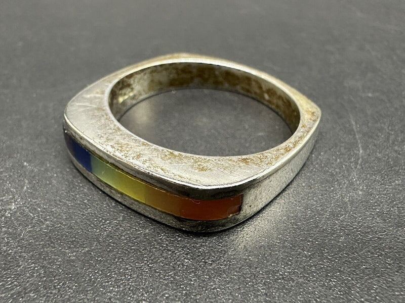 Vintage Charles Winston Sterling Silver Rainbow Inlay Square Band Ring Sz 8