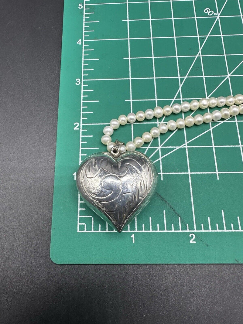 Sterling Silver Genuine Freshwater Pearl Necklace 3D Heart 18” Sterling Pendant