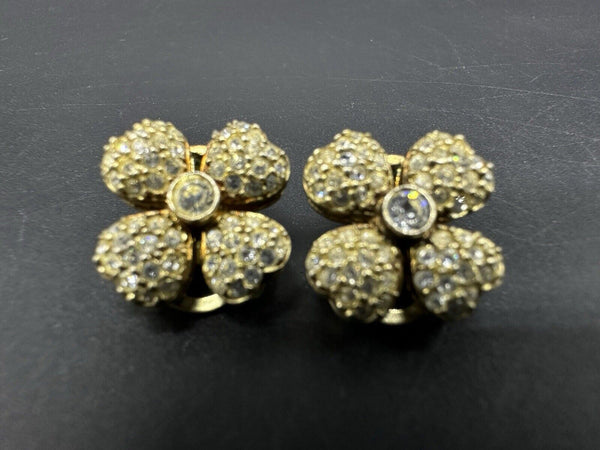 925 Sterling Silver Gold Tone Crystal Clip On Flower Earrings