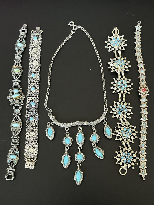 Vintage Victorian Turquoise Faux Stone Lot Of Jewelry~ Missing Stones