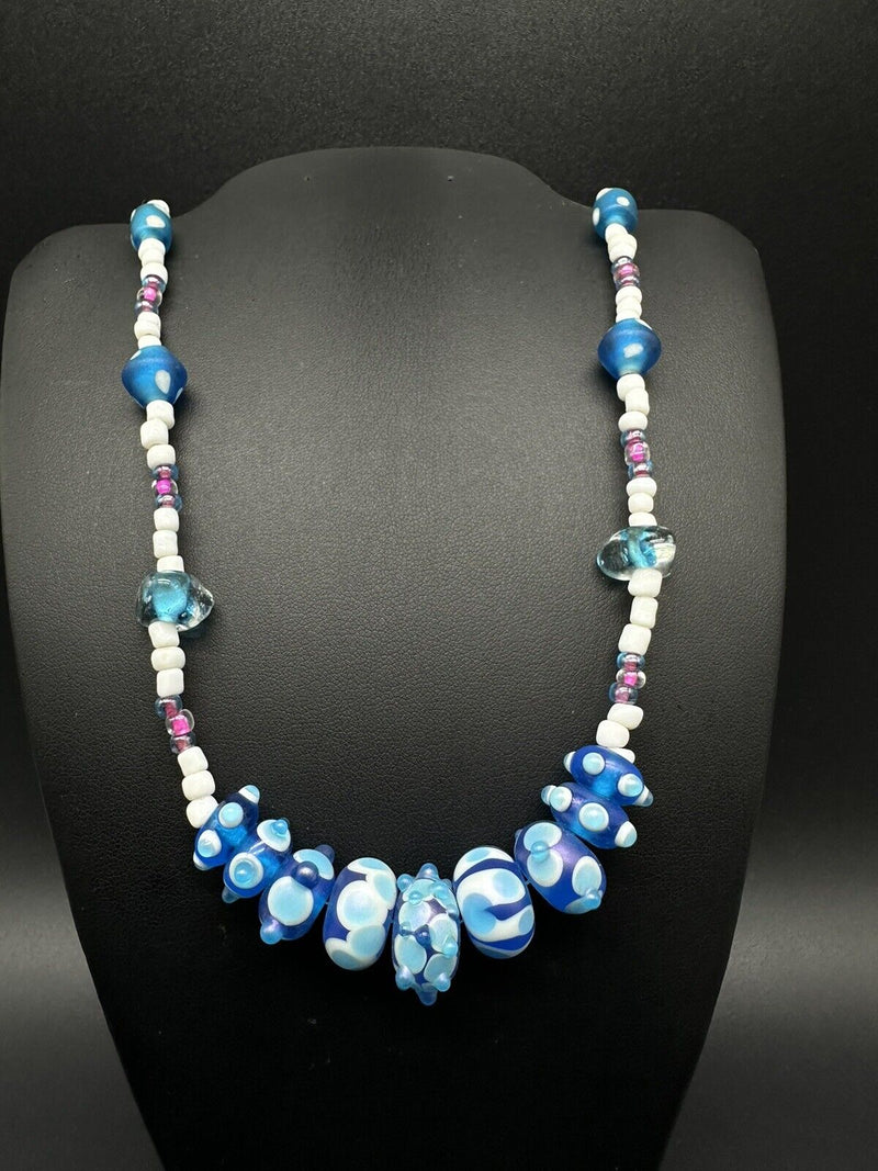 Vintage Art Glass Bead 20” Necklace~Blue White